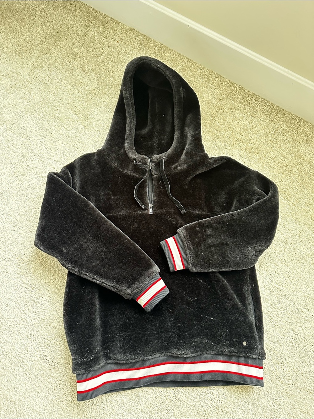 UGG Black Plush Hoodie with Red & White Stripe Trim